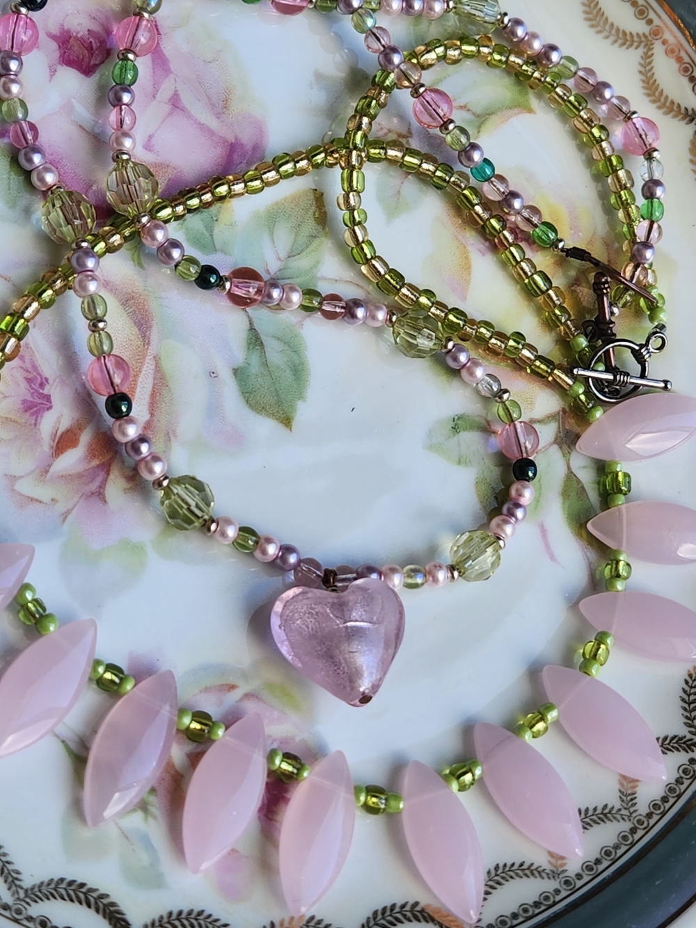 Artisan Pink & Green Art Glass Necklace Set. Fairycore Cottagecore Coquette Girl